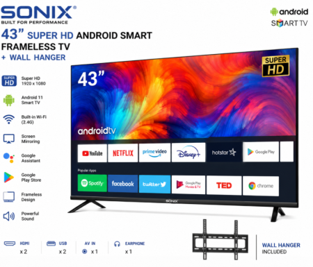 Sonix 43 Inches Super HD Android Smart Frameless TV + Wall Hanger