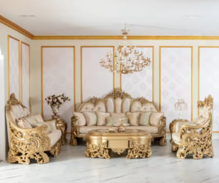 High-end Classical Royal Style Gold Foil Solid Wood Carvings Sofa Set Furniture Antique Luxury Living Room Sectional Sofas